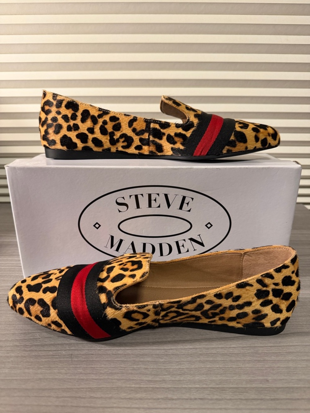 Steve Madden Leopard-Print Slip-On Flats with Red and Black Stripes